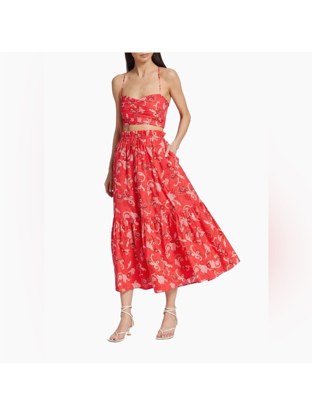 A.L.C. Coral Red Printed Midi Tiered Skirt